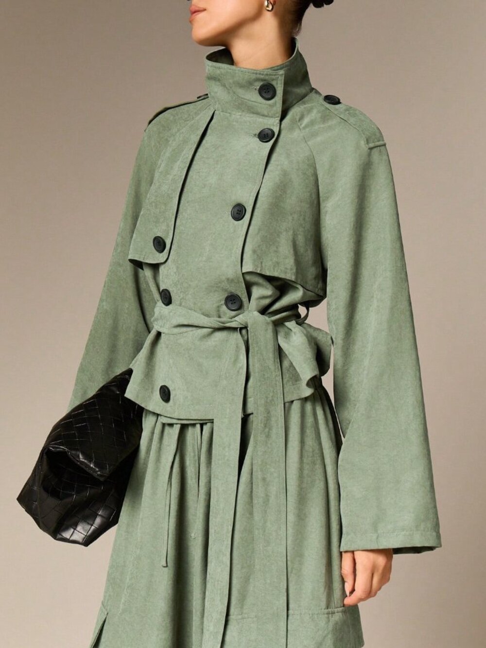 Green Elegant Women's Funnel Neck Belted Raglan Oversized Trench Coat - Picture 3 of 6